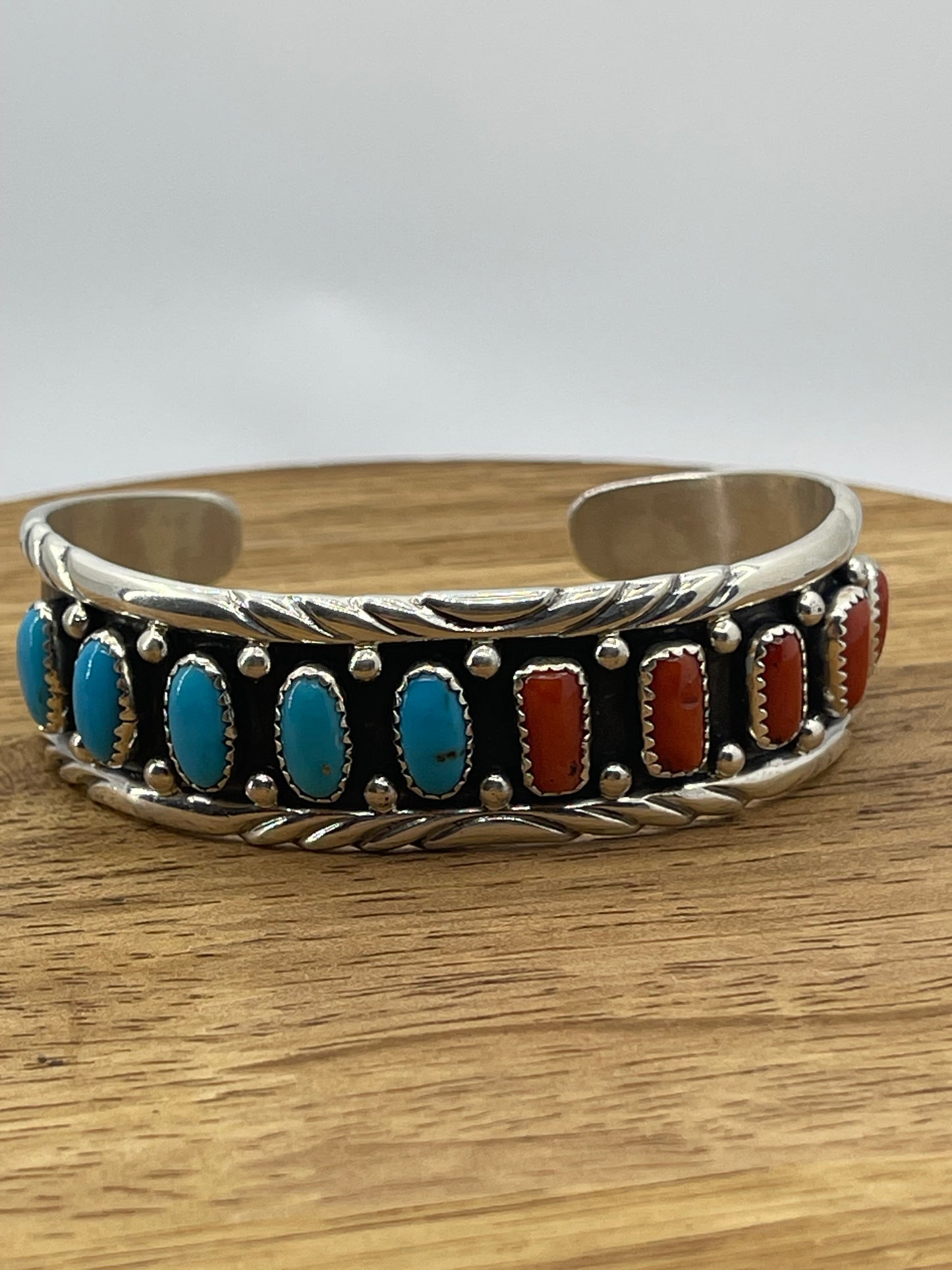 Red Coral and Blue Sleeping Beauty Turquoise Cuff by Reed Charley, Navajo