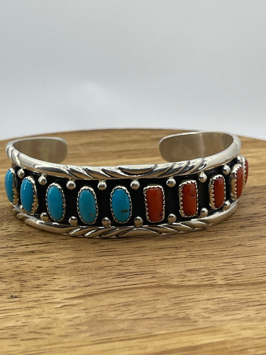 Red Coral and Blue Sleeping Beauty Turquoise Cuff by Reed Charley, Navajo