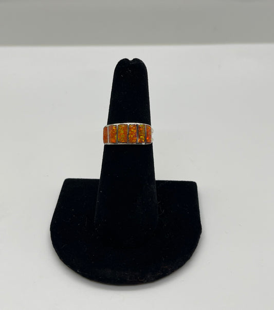 6.0 Orange Opal Inlay Ring by Juanita Tucson, Zuni