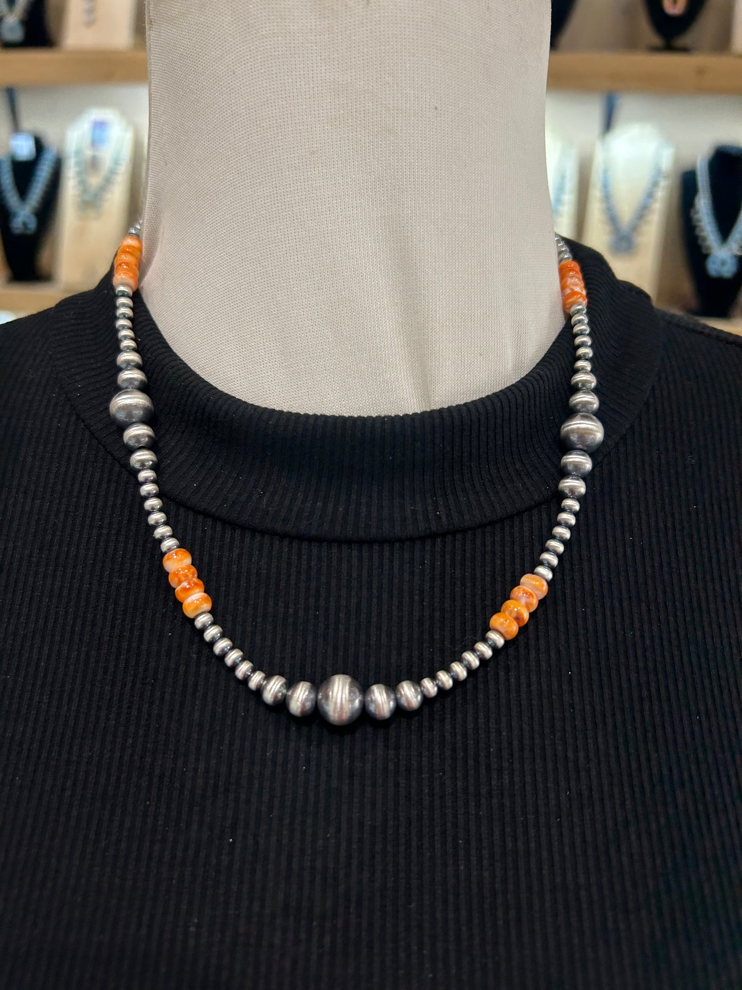 19"+1.5" Orange Spiny Oyster Navajo Pearl Necklace