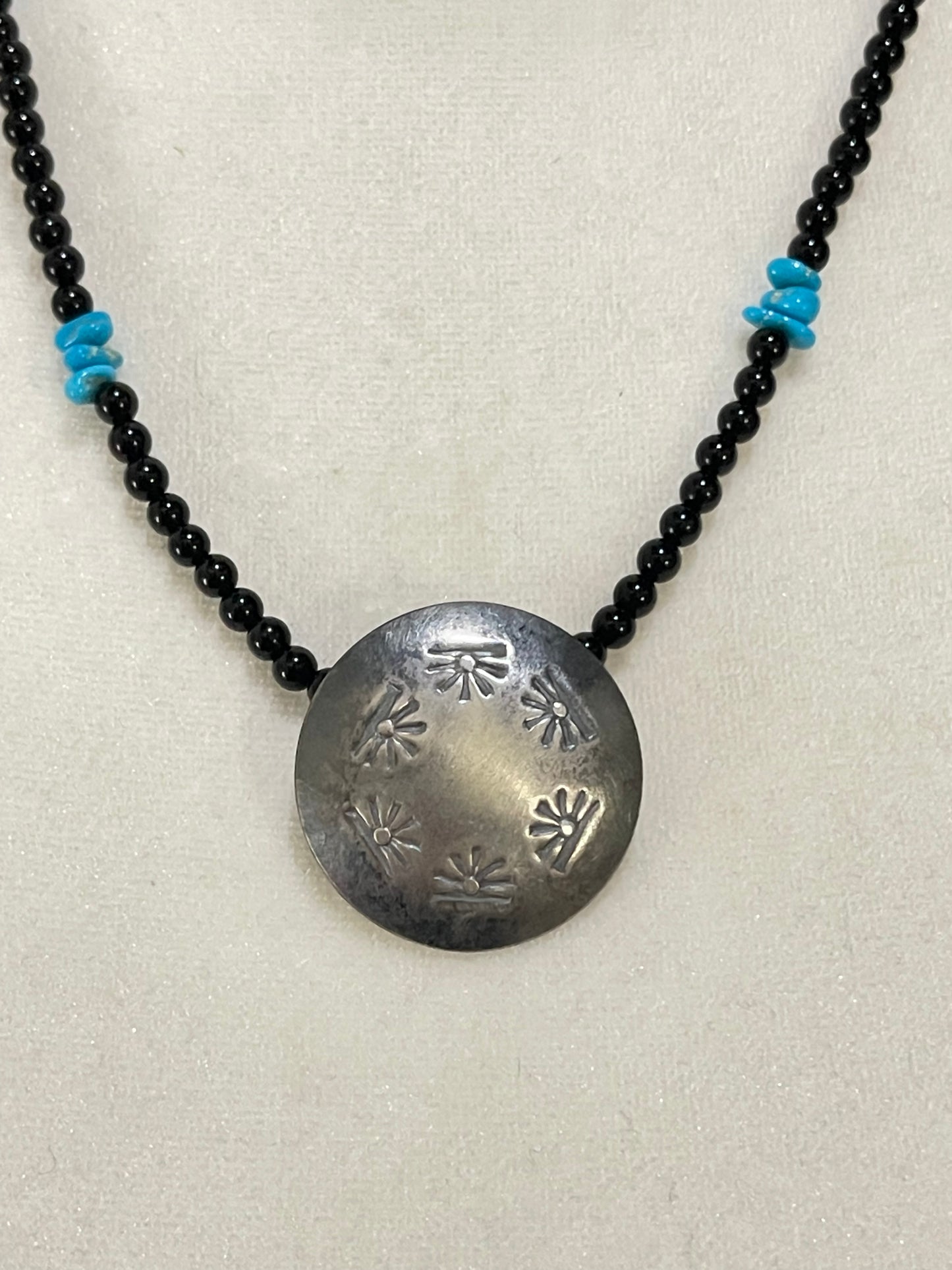 16" Black Onyx and Turquoise Beaded Necklace with a Stamped Pillow Bead by Maryetta Kellywood, Navajo