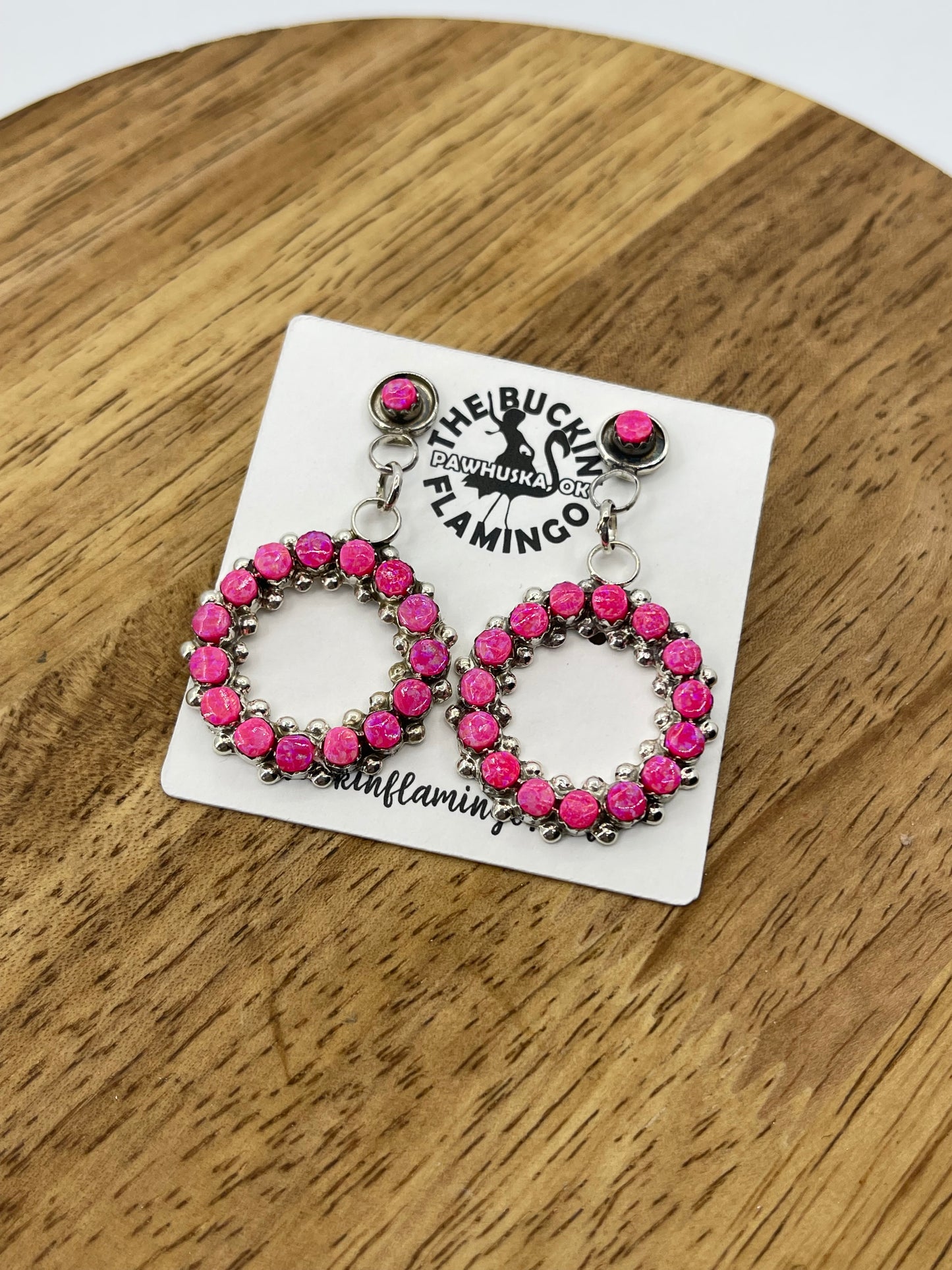 Hot Pink Opal Infinity Ring Post Dangle Earrings by Marlon Quam, Zuni