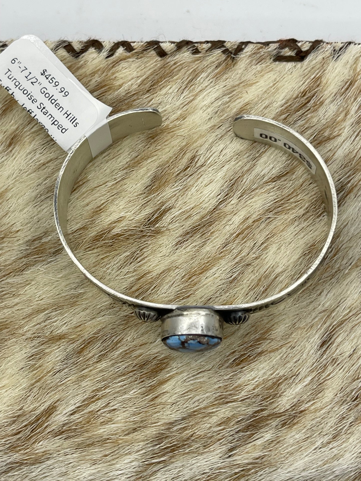 Golden Hills Turquoise Stamped Cuff by Jeff largo, Navajo
