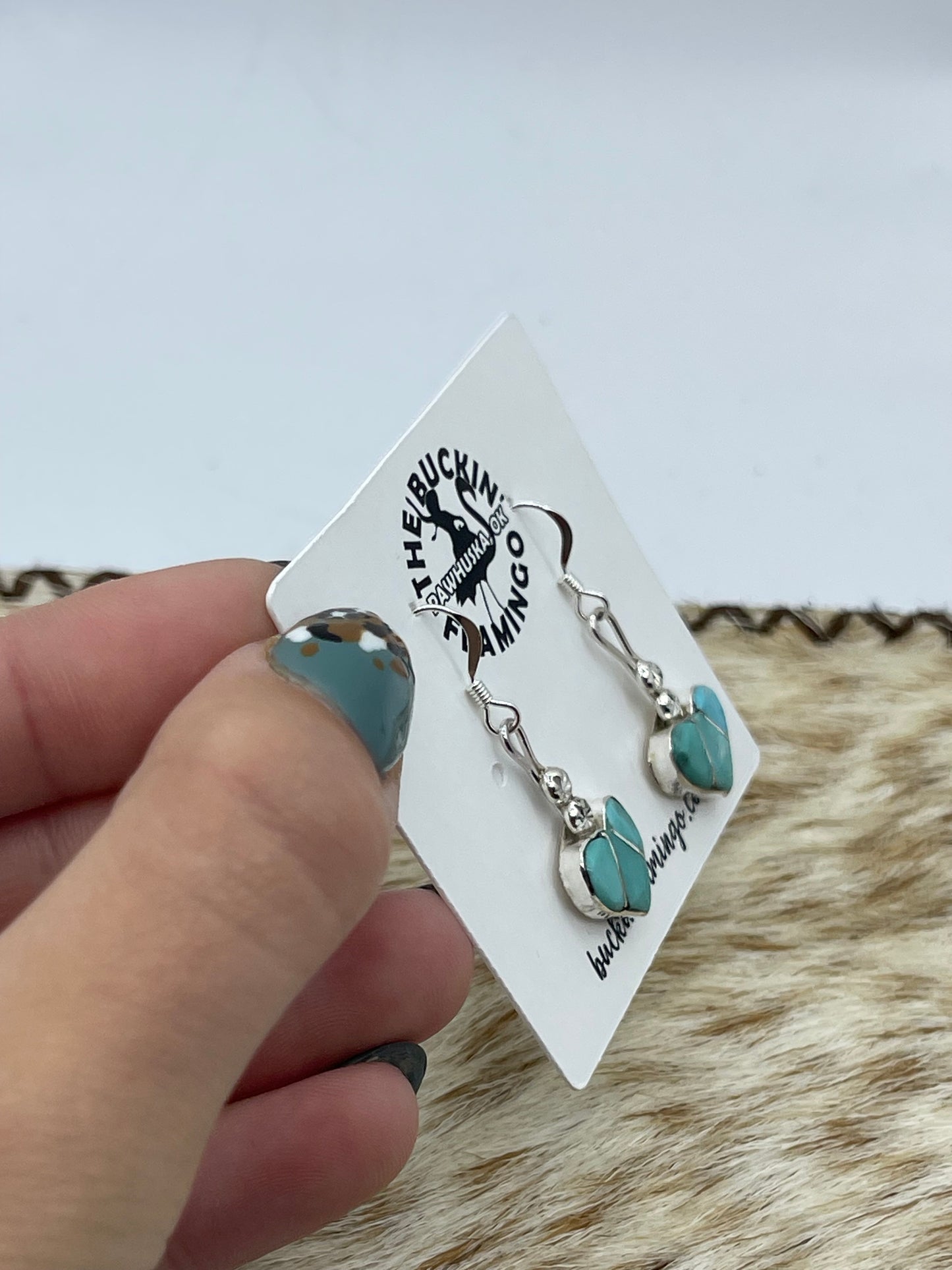 LOT 53 B 1/25    Inlaid Turquoise Heart Dangle Earrings by Ola Eriacho, Zuni