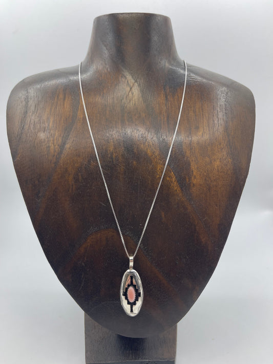 18" Pink Conch Shell Shadowbox Pendant Necklace by Felix Perry, Navajo