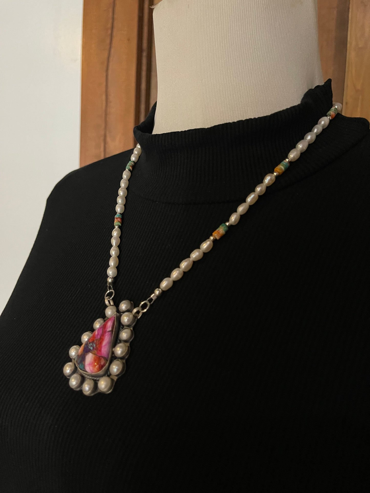 18" Pink Dahlia Necklace with Fresh Water Pearls by TT, Navajo