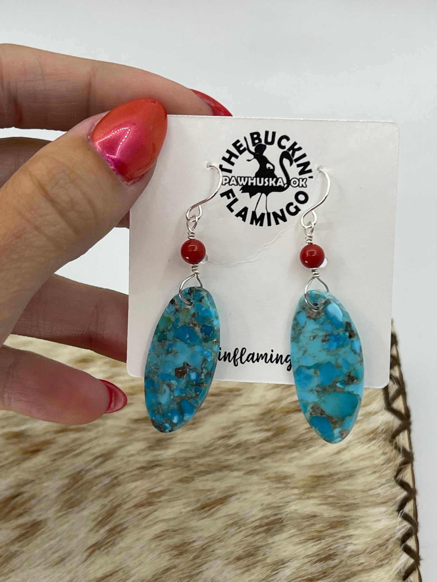 Turquoise and Red Coral Dangle Slab Earrings