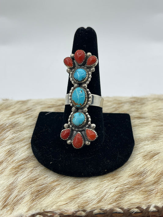 10.0 Red Coral and Turquoise Ring, Navajo