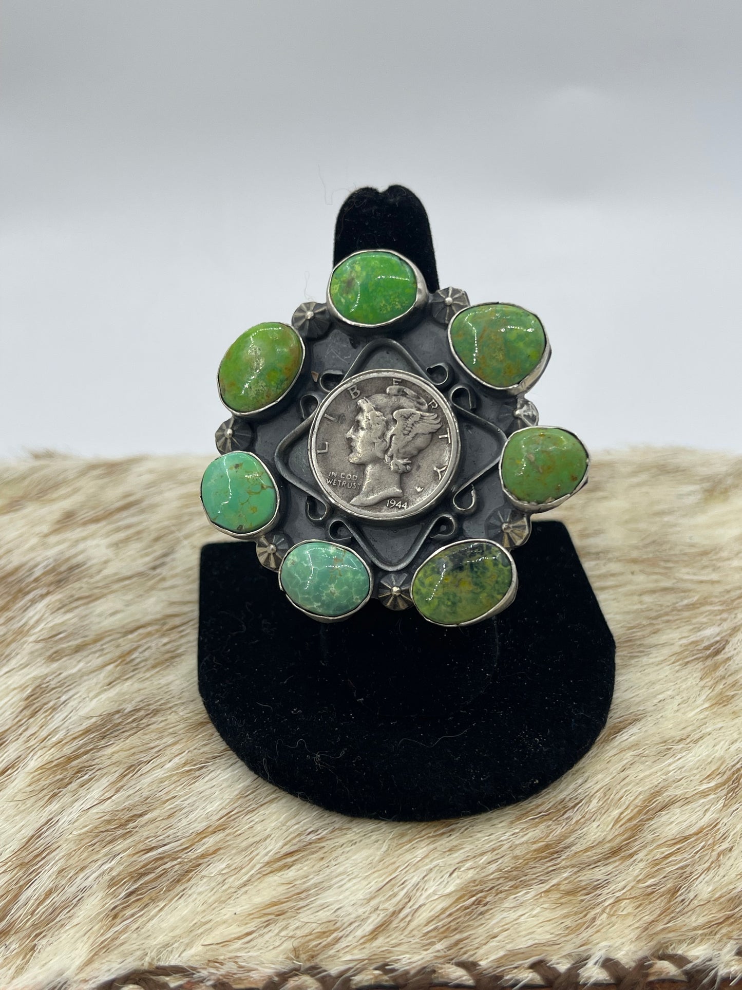 1944 Silver Dimes and Sonoran Gold Cluster by Phil Nez, Navajo, Size 7.5