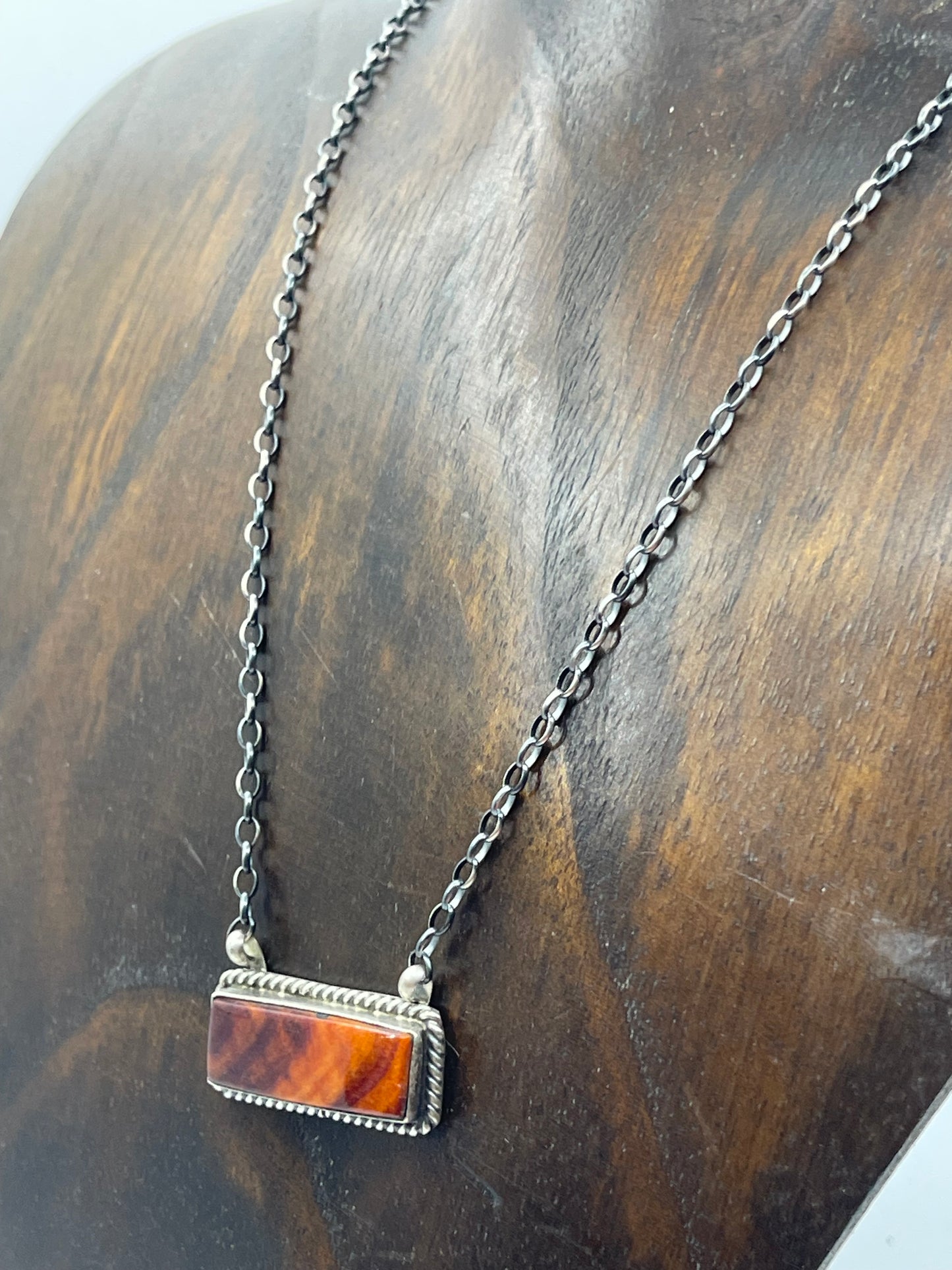 16" Dark Orange Spiny Oyster Shell Bar Necklace by Johnny Dixon, Navajo