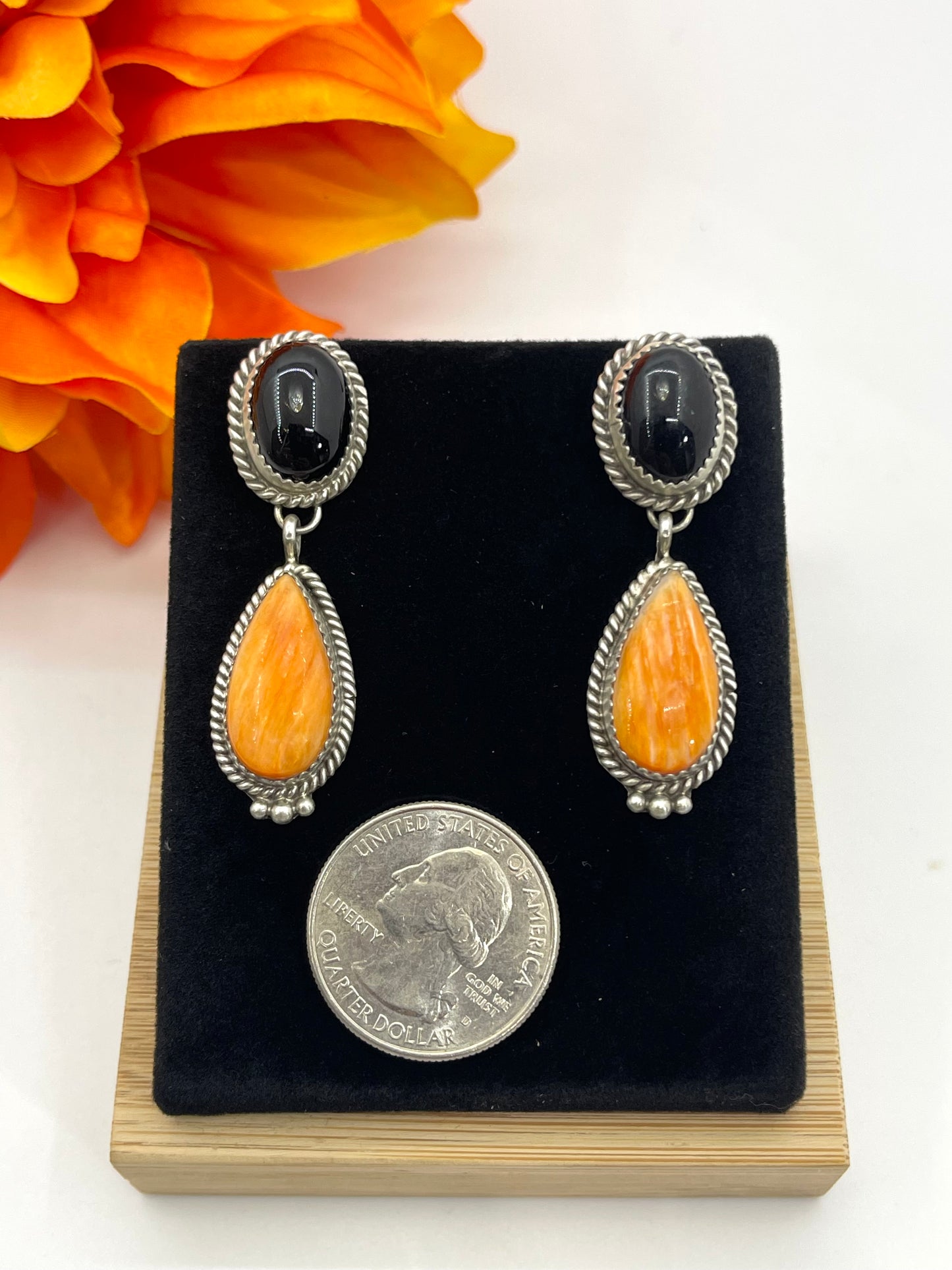 Black Onyx & Orange Spiny Oyster Double Dangles