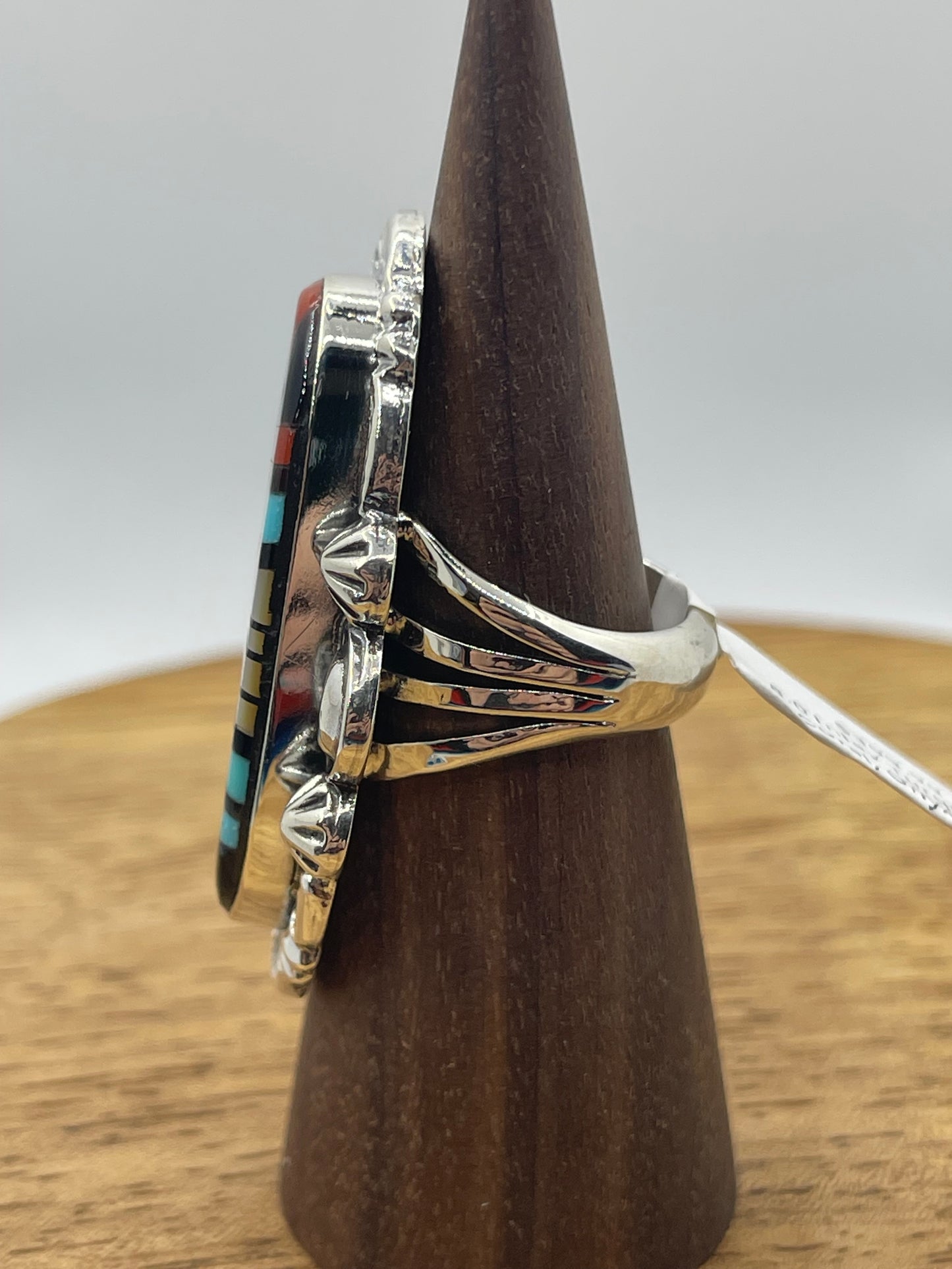 8.0 Inlay Turquoise, Coral, Onyx, and Pearl Ring by Leslie and Gladys Lamy, Zuni