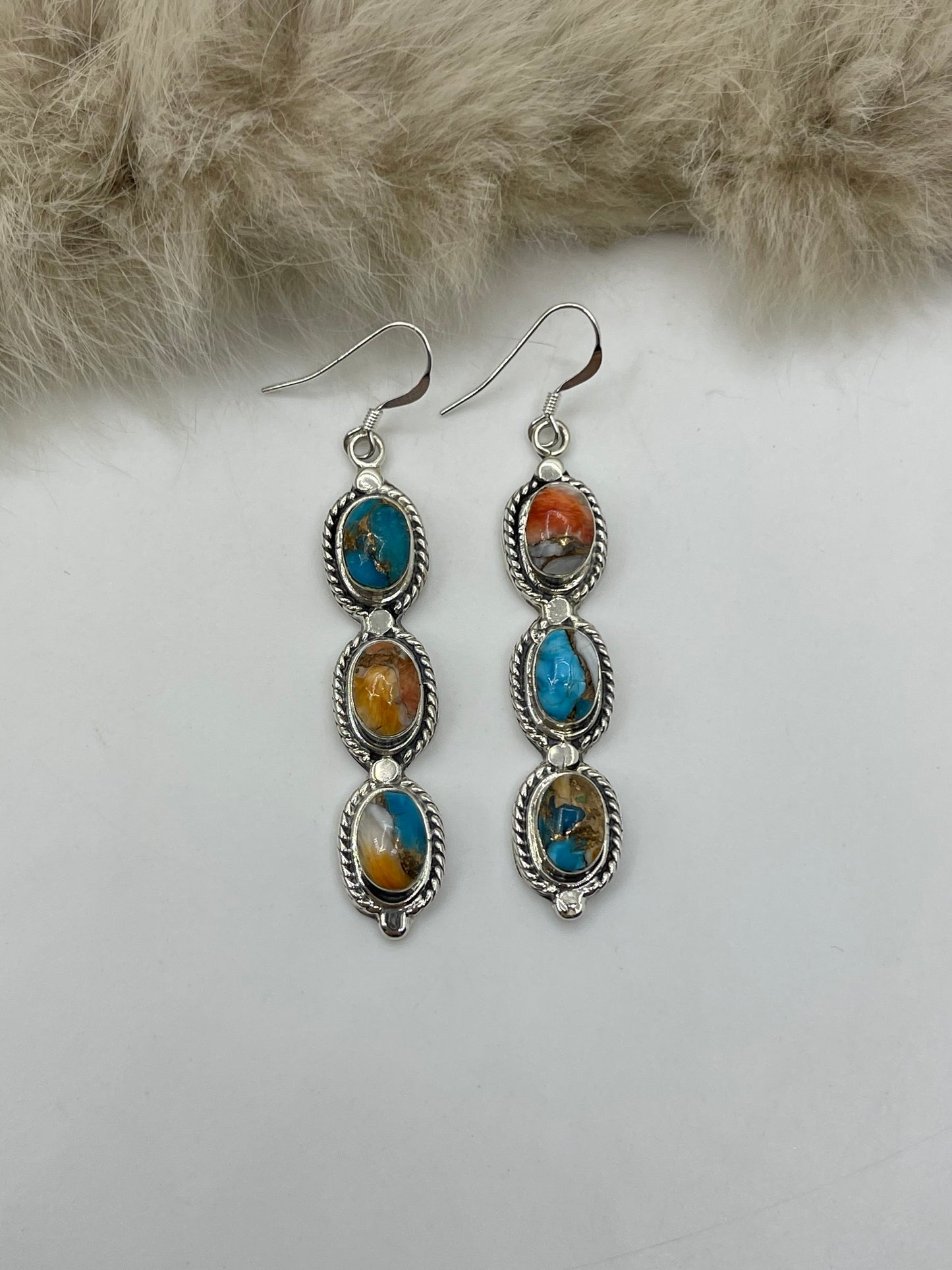 3 Stone Orange Crush Drop Dangle Earrings by Jennifer Yazzie, Navajo