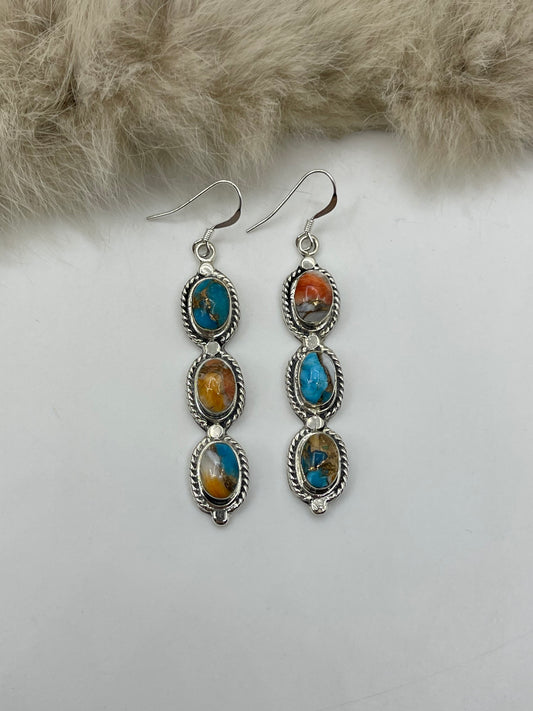 3 Stone Orange Crush Drop Dangle Earrings by Jennifer Yazzie, Navajo