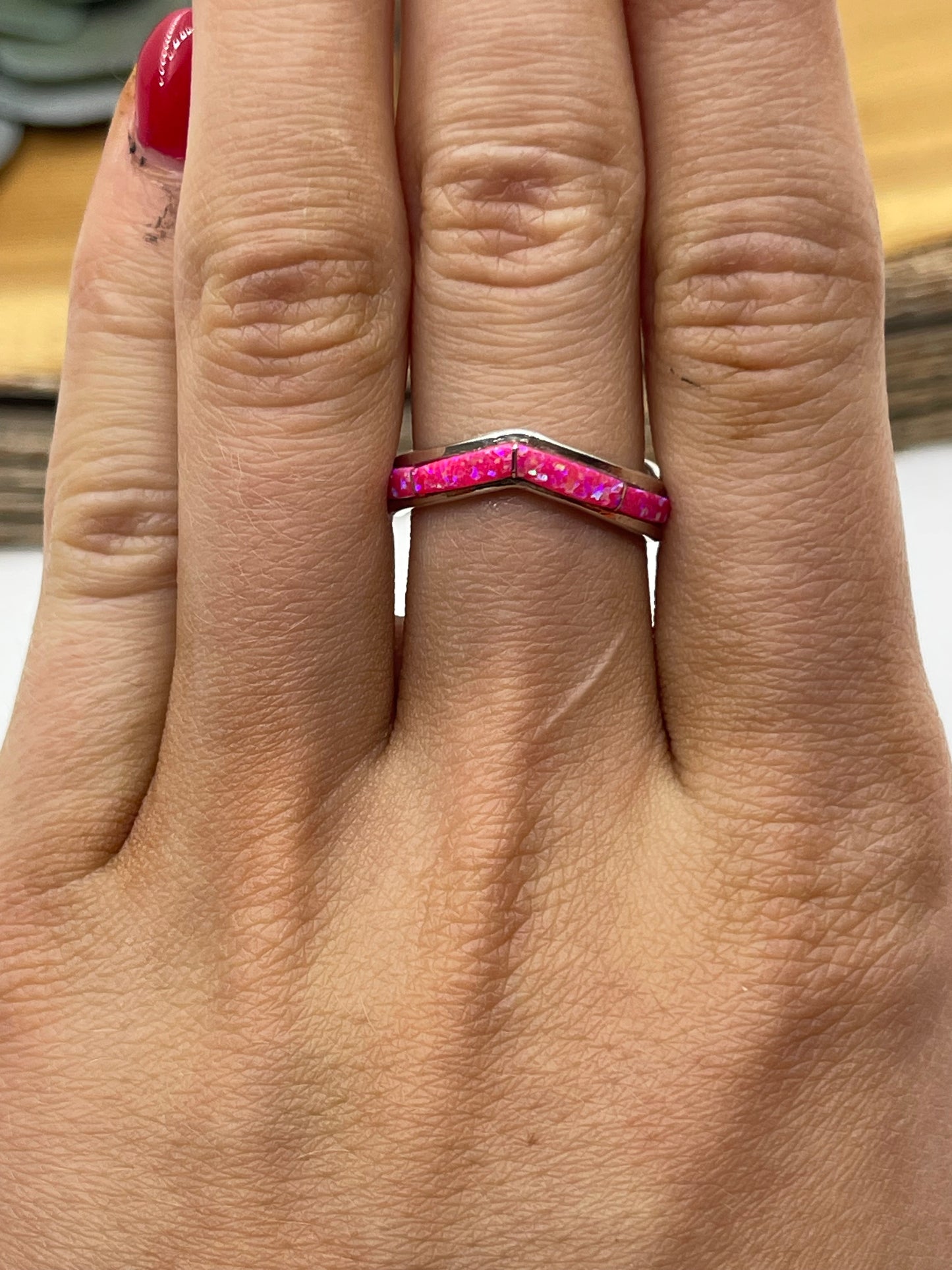 7.0 Hot Pink Opal Inlay Chevron Ring by Jamie Johnson, Navajo