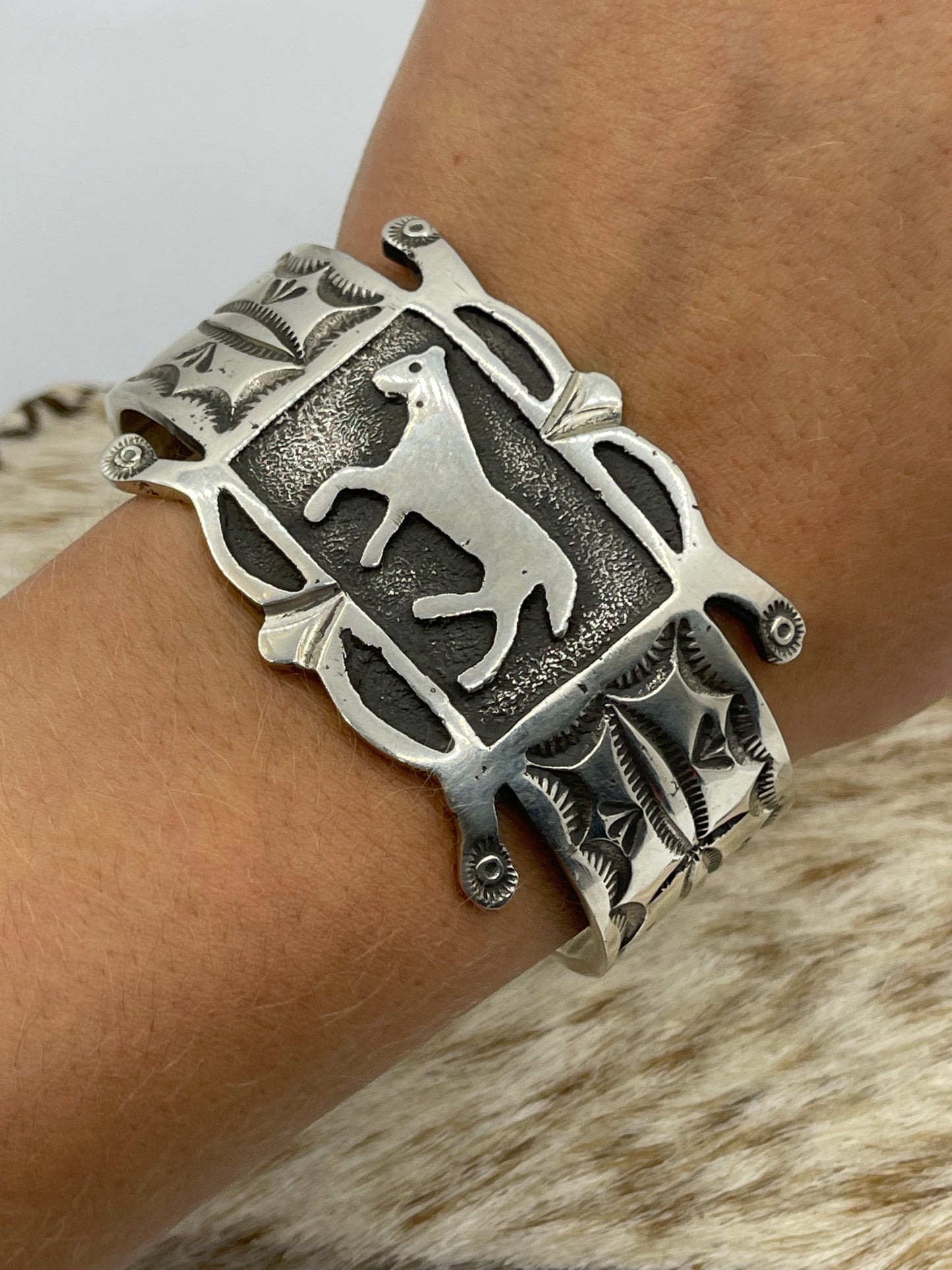 7" Heavy Silver Overlay Horse Cuff by Emerson Kinsel, Navajo