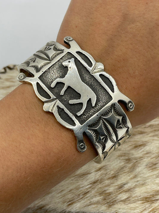 7" Heavy Silver Overlay Horse Cuff by Emerson Kinsel, Navajo