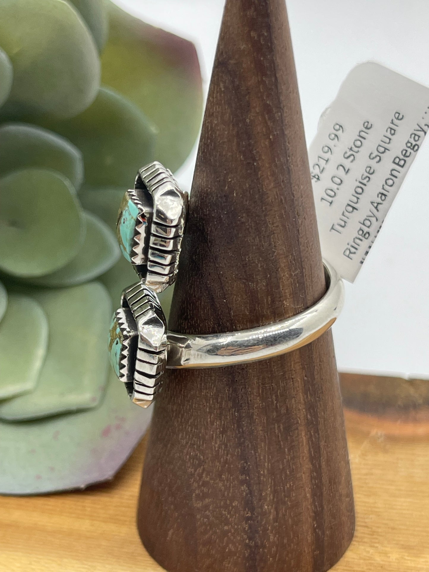 10.0 2 Stone Turquoise Square Ring by Aaron Begay, Navajo