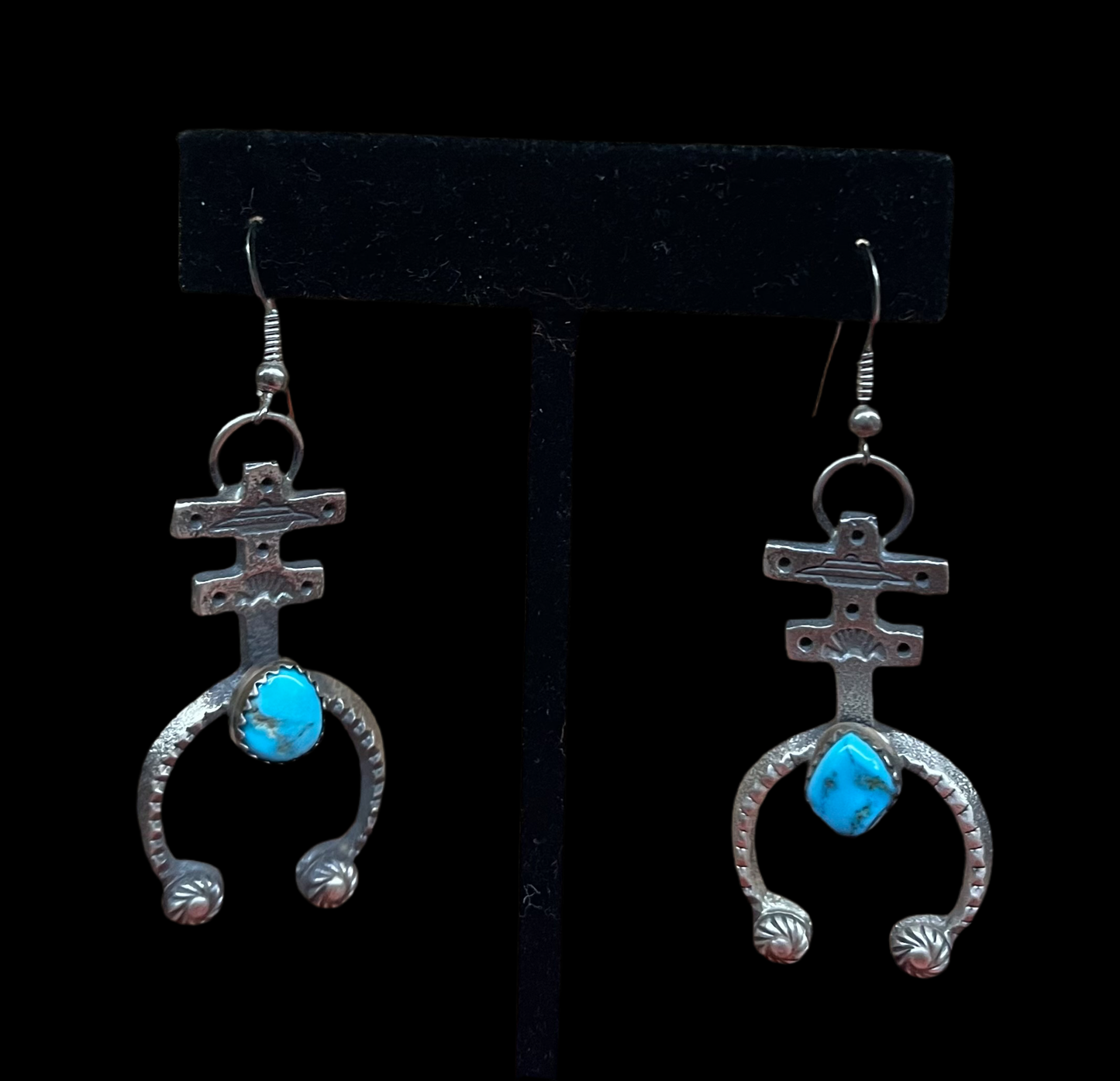 Kingman Turquoise Naja Dangle Earrings by Kevin Billah, Navajo