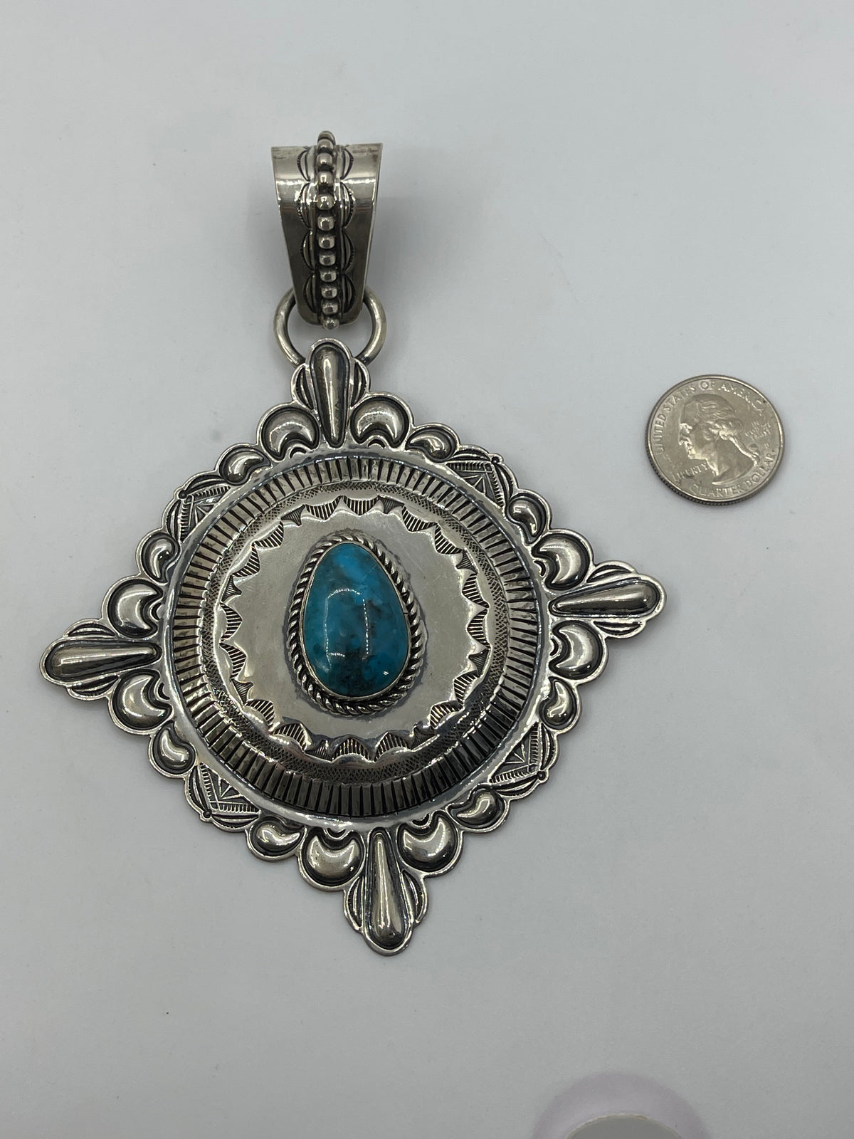 Large Sterling Silver Pendant with Kingman Turquoise Stone by Roland Dixon, Navajo