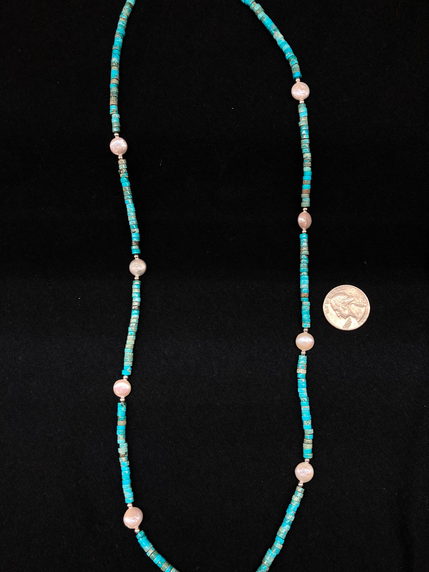 28" Turquoise Heishi Bead and Freshwater Pearls Necklace