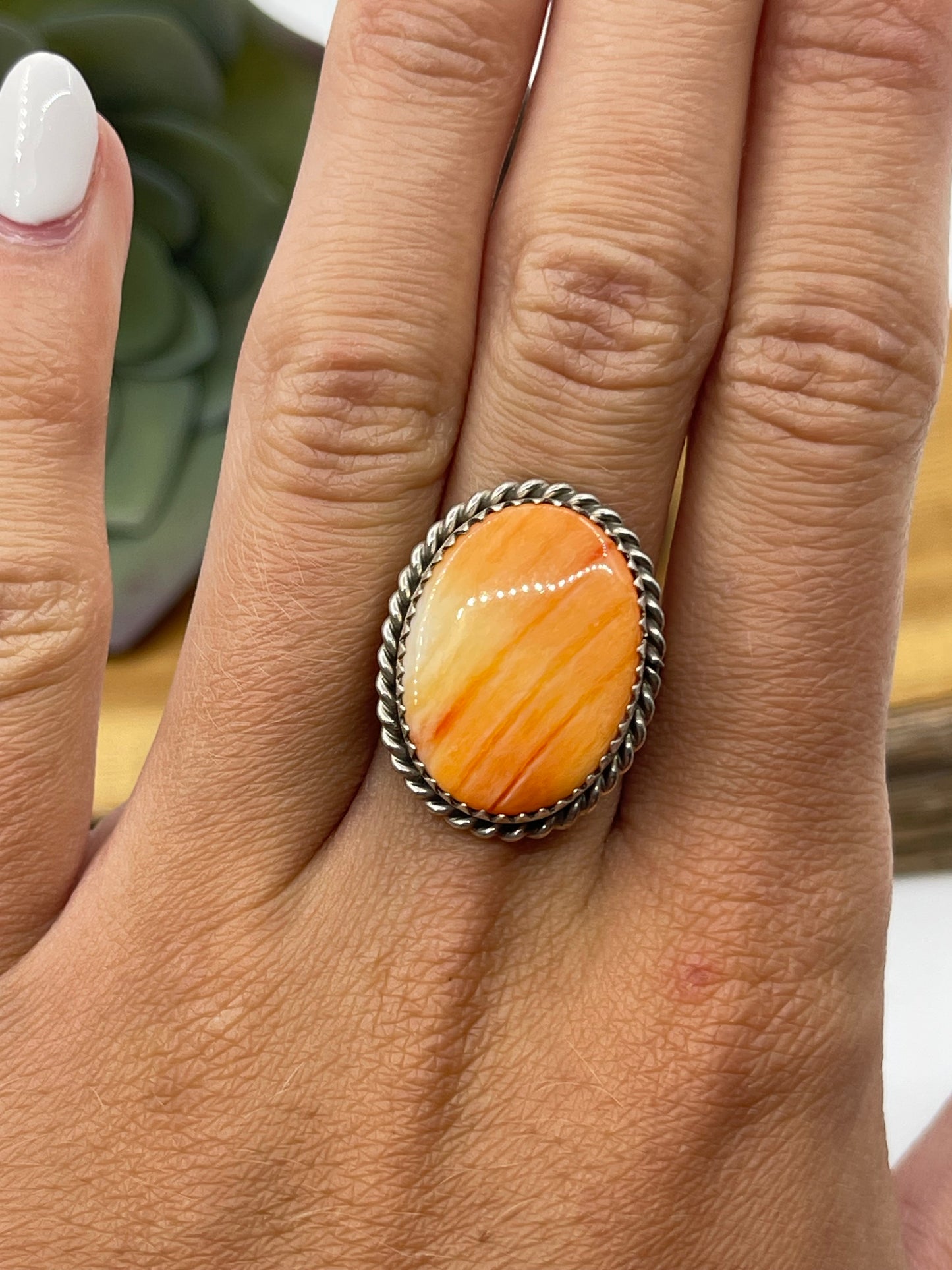 5.5 Orange Spiny Oyster Shell Oval Ring by Johnny Dixon, Navajo
