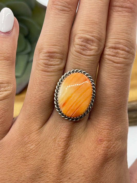 6.0 Orange Spiny Oyster Shell Oval Ring by Johnny Dixon, Navajo