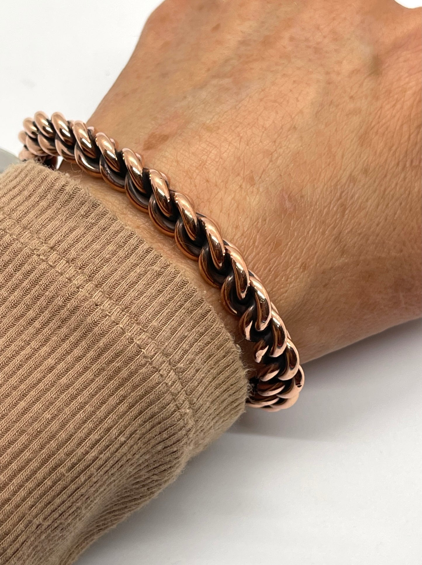 6" - 7.5" Braided Thick Copper Cuff by Elaine Tahe, Navajo