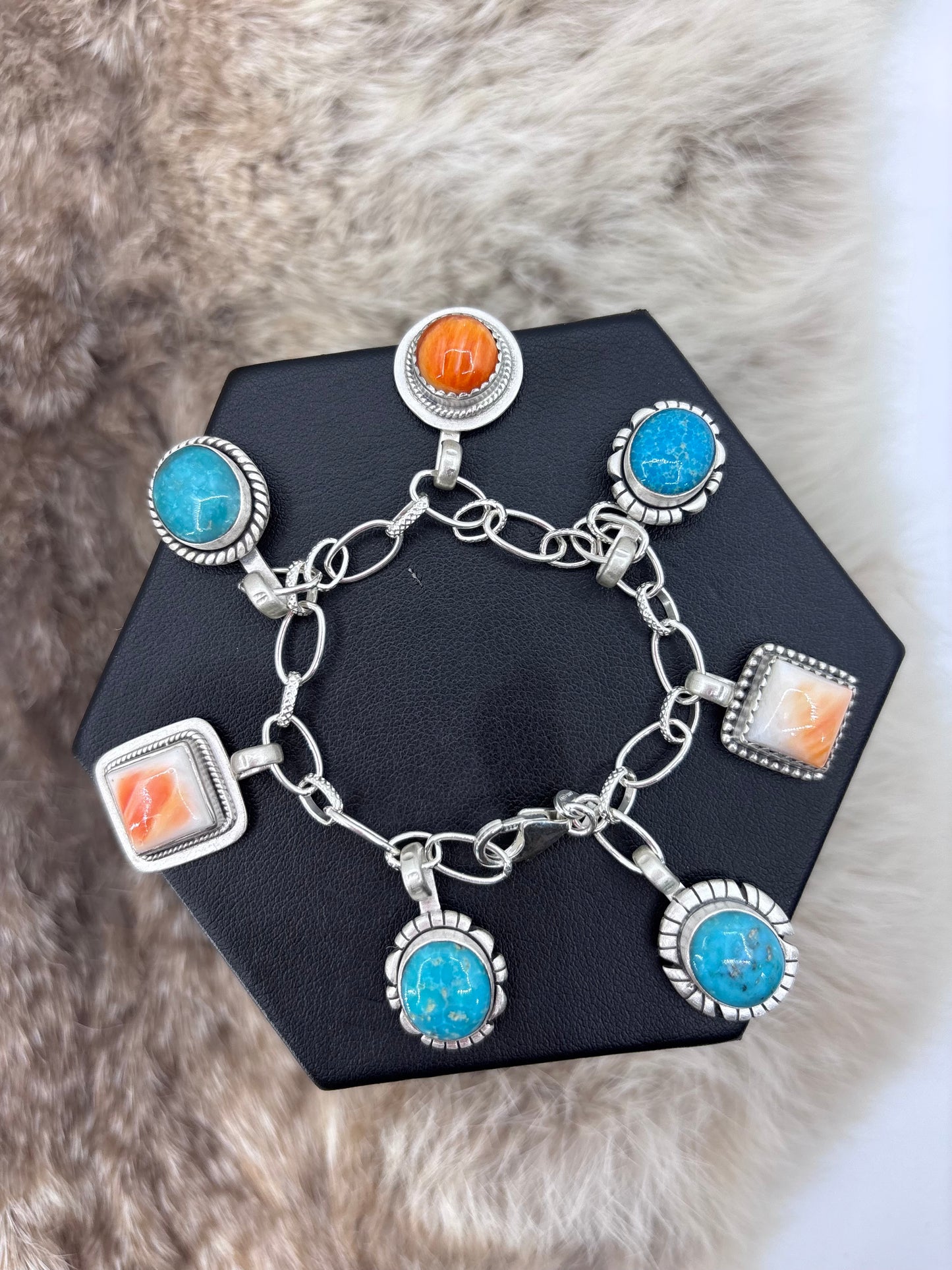 7" Turquoise & Spiny Oyster Charm Bracelet