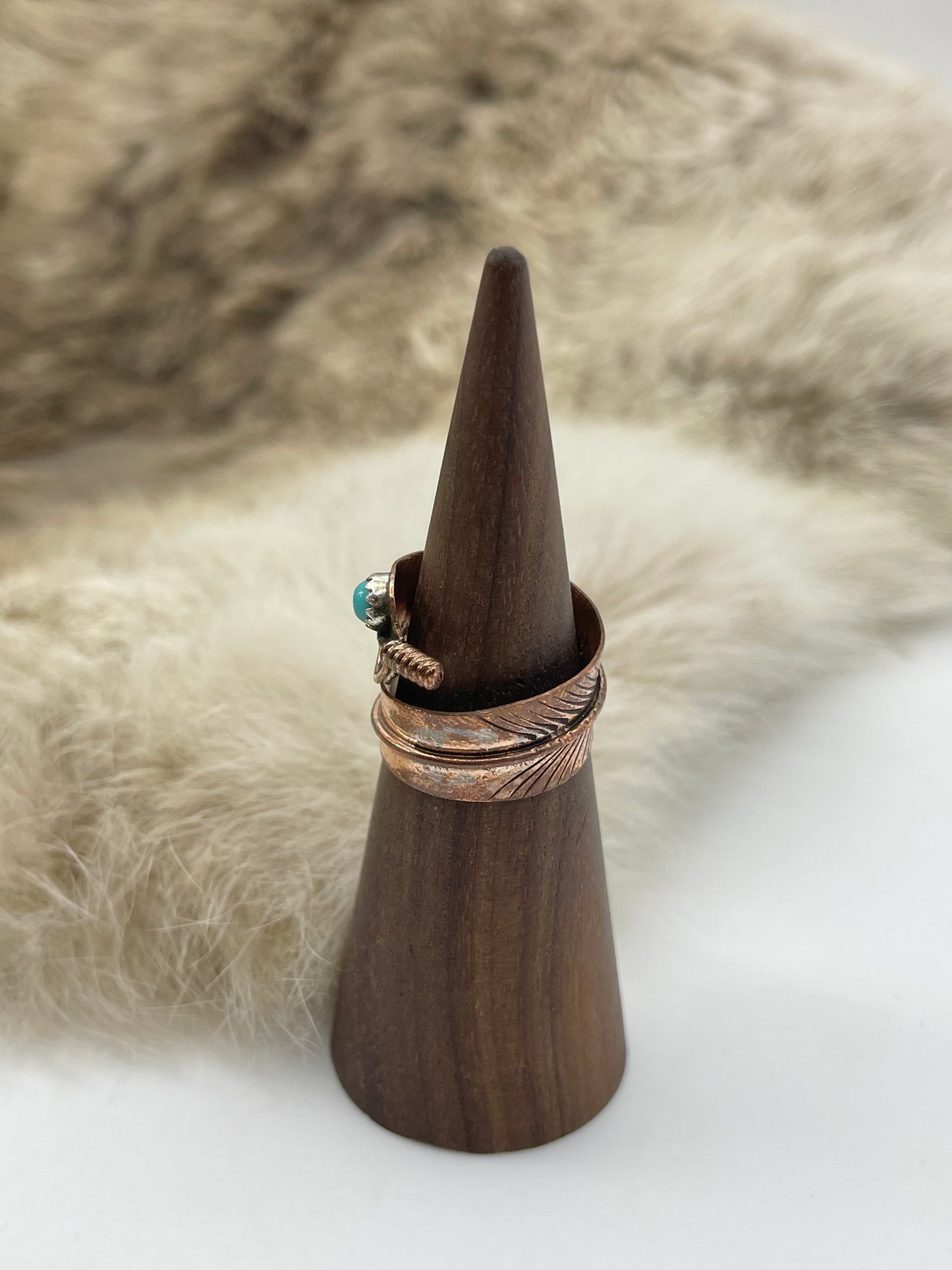 Copper Adjustable Feather Ring with Turquoise by Aaron Davis, Navajo