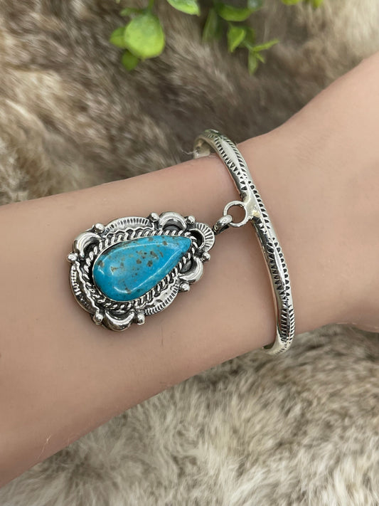 5.5"-7" Silver Cuff With Dangle Turquoise By Dorthy Lee, Navajo