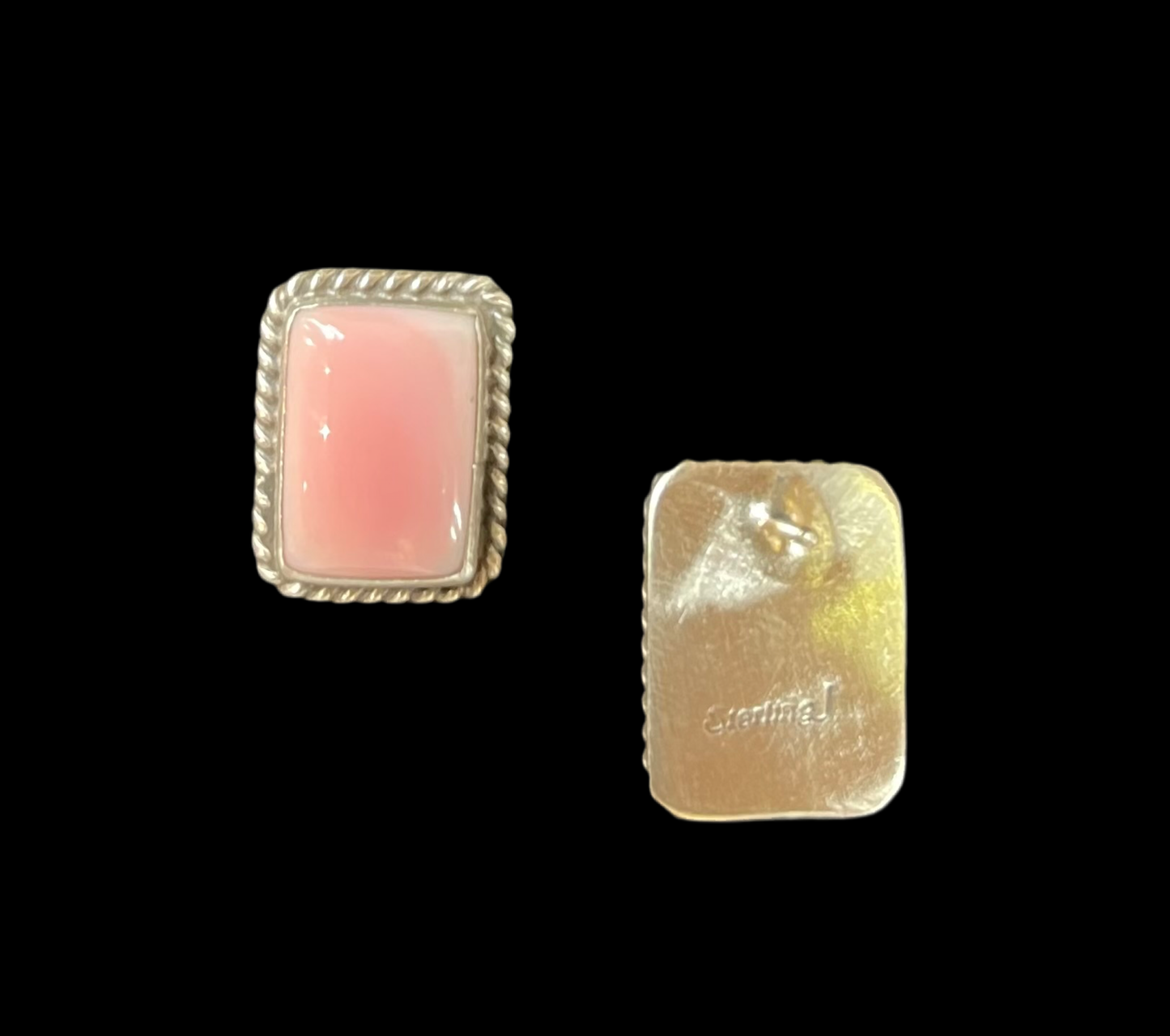 Pink Conch Shell Rectangle Post Earrings by Judith Dixon, Navajo