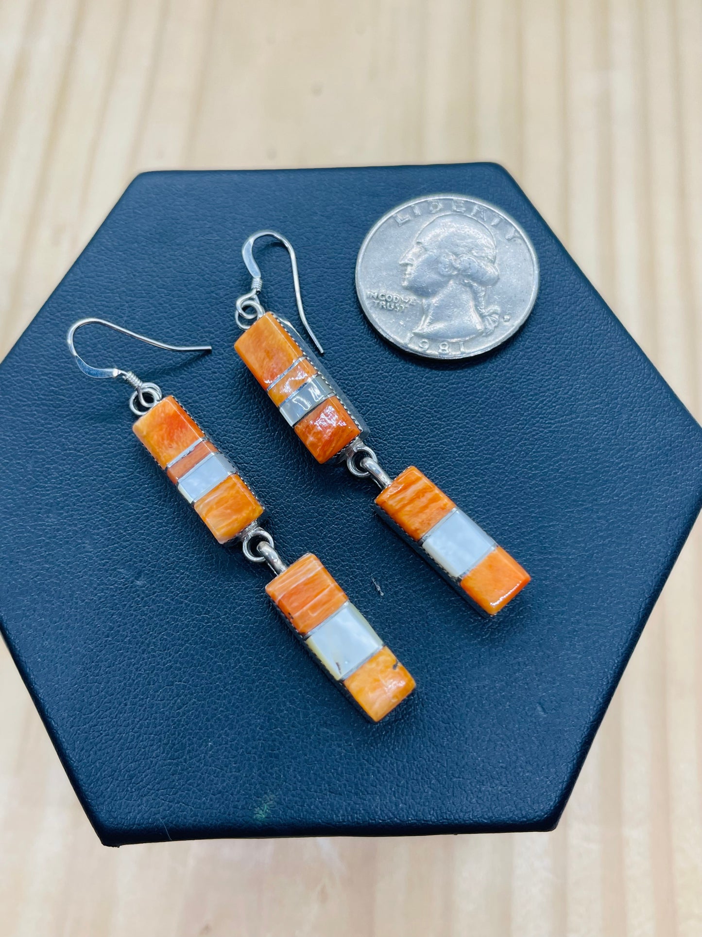 Orange Spiny Oyster Shell and Mother of Pearls Double Rectangle Dangle Earrings by Running Bear