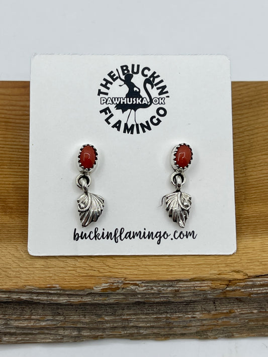 Red Coral Feather Post Dangle Earrings by Rita Largo, Navajo