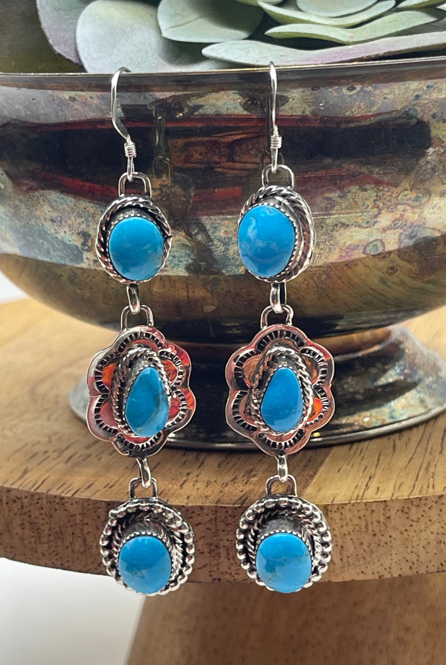 3 Stone Turquoise Dangle Earrings by Marie Tahe, Navajo