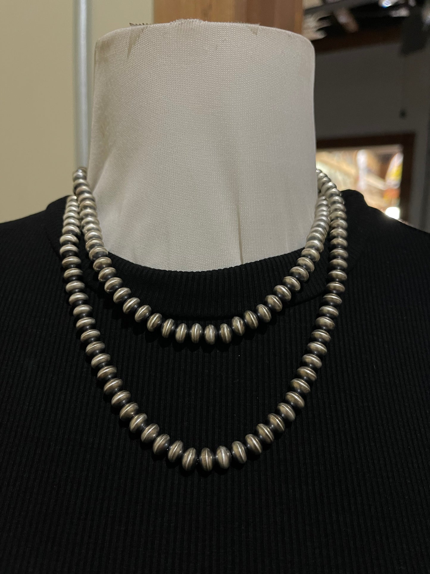 36" 8mm Handmade Navajo Saucer Pearls Necklace by Bryannen Halwood, Navajo