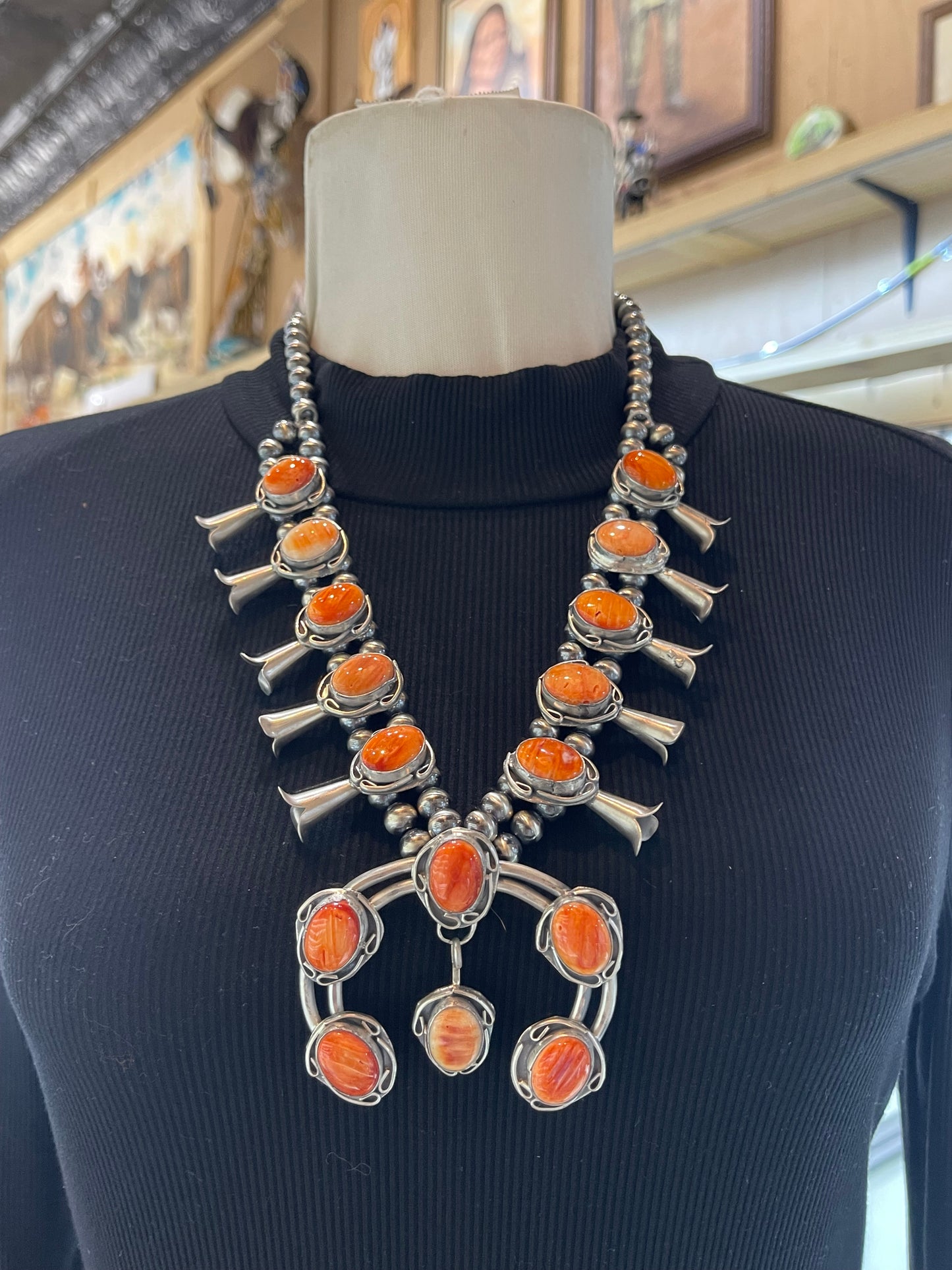 22" Orange Spiny Oyster Squash Blossom by Gilbert Nez, Navajo