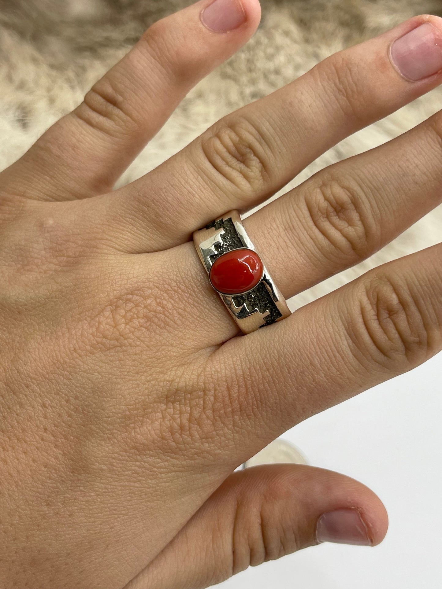 11.0 Red Coral Ring by Marie Jackson, Navajo