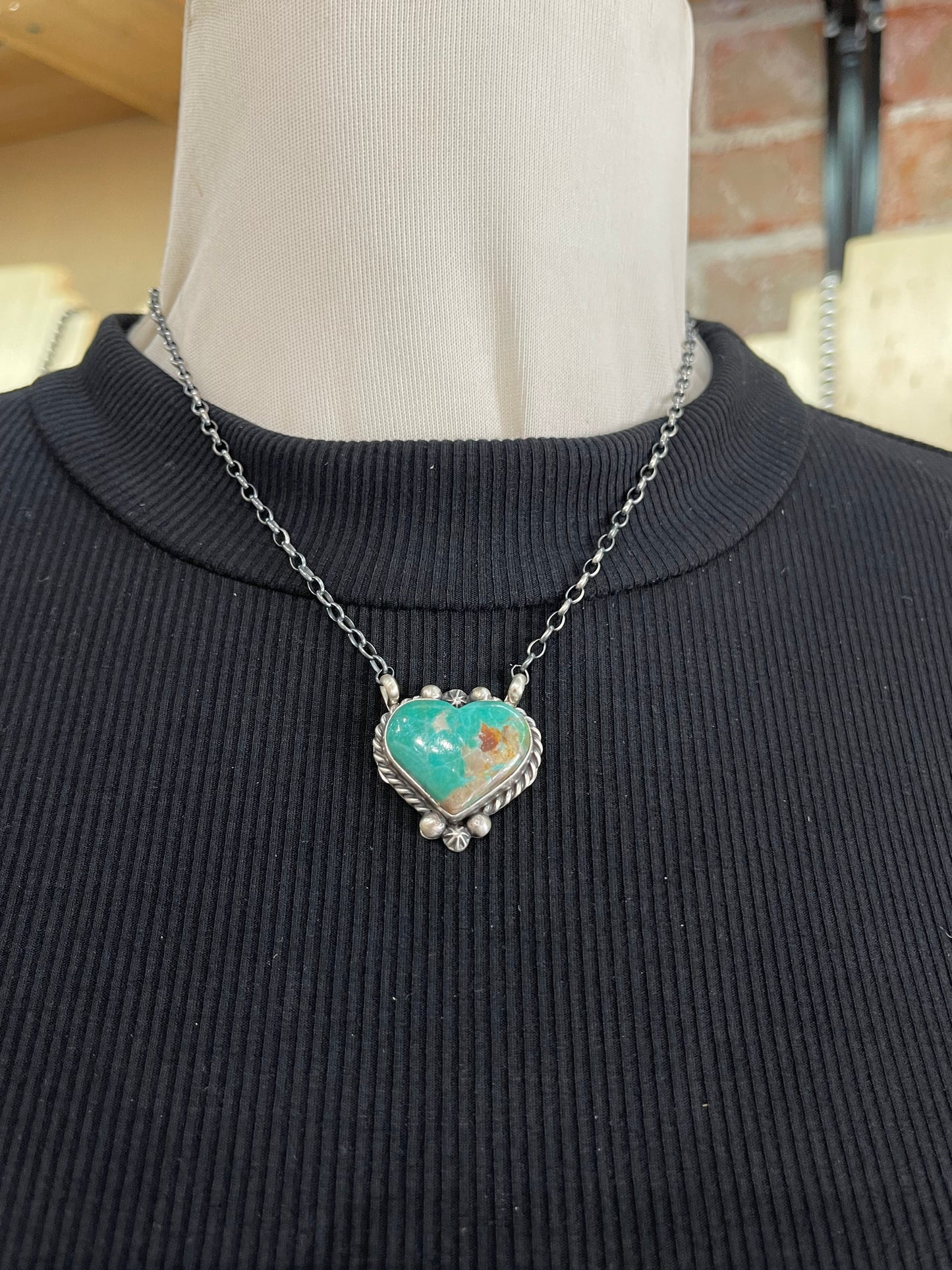16" Kingman Turquoise Heart Necklace by Donovan Skeets, Navajo