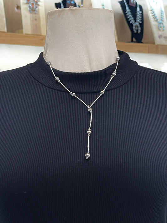 18" + 3.5" Drop Liquid Silver Lariat w/6MM Navajo Style Pearls Necklace