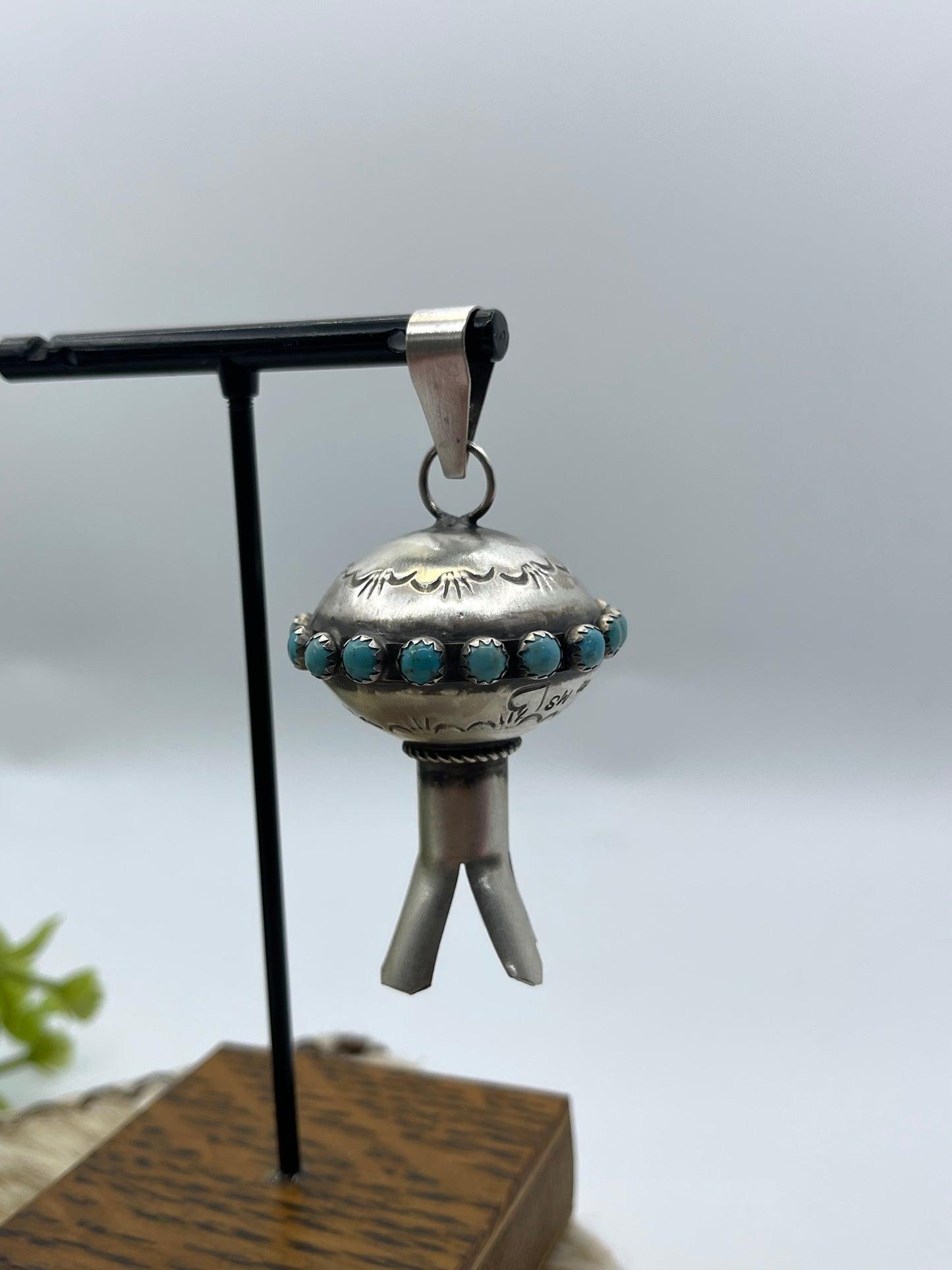 Stamped Blossom Pendant with Turquoise by Monica Smith, Navajo