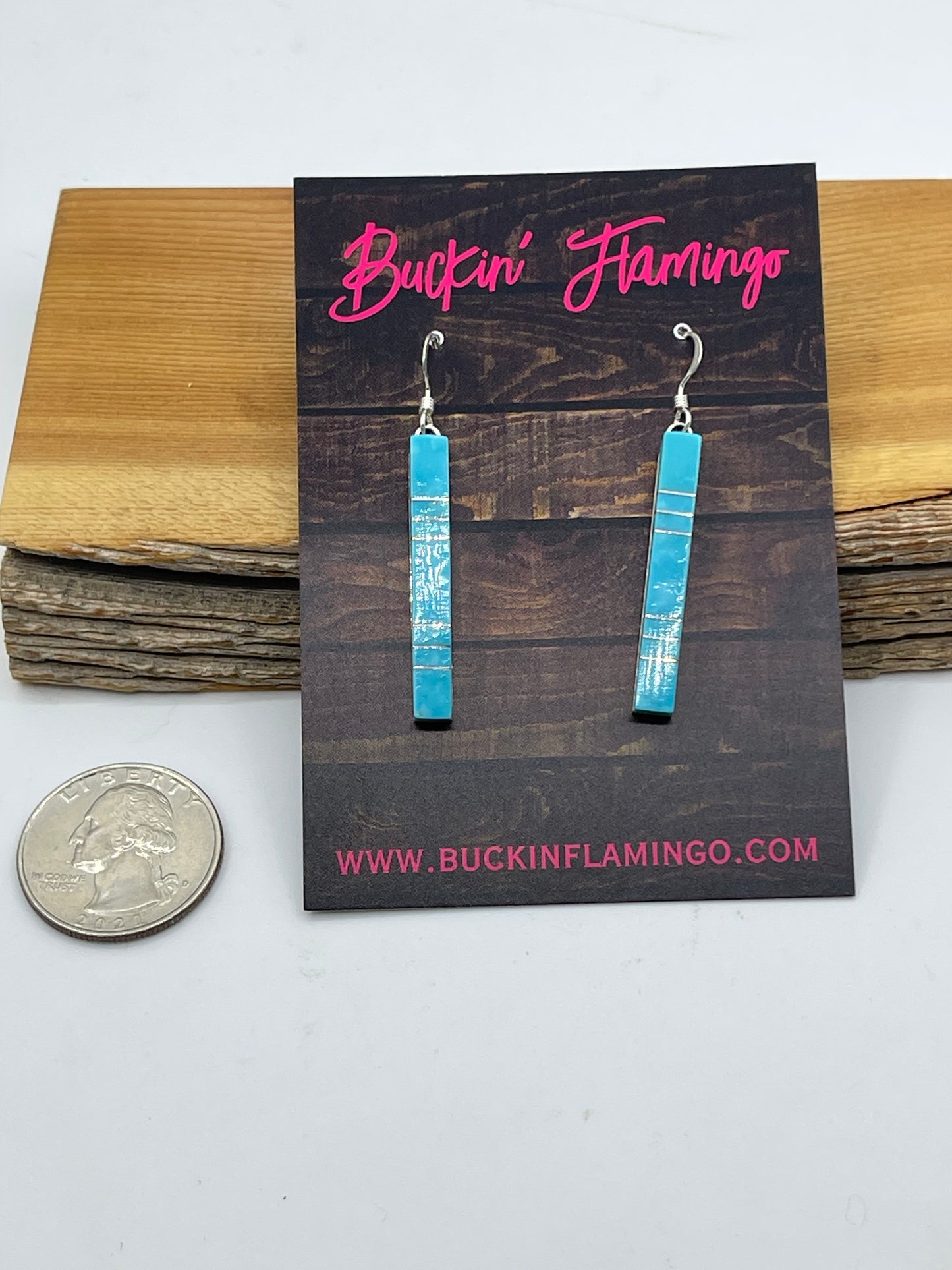 Turquoise Inlay Bar Dangle Earrings by MaDerral Kallestewa, Zuni