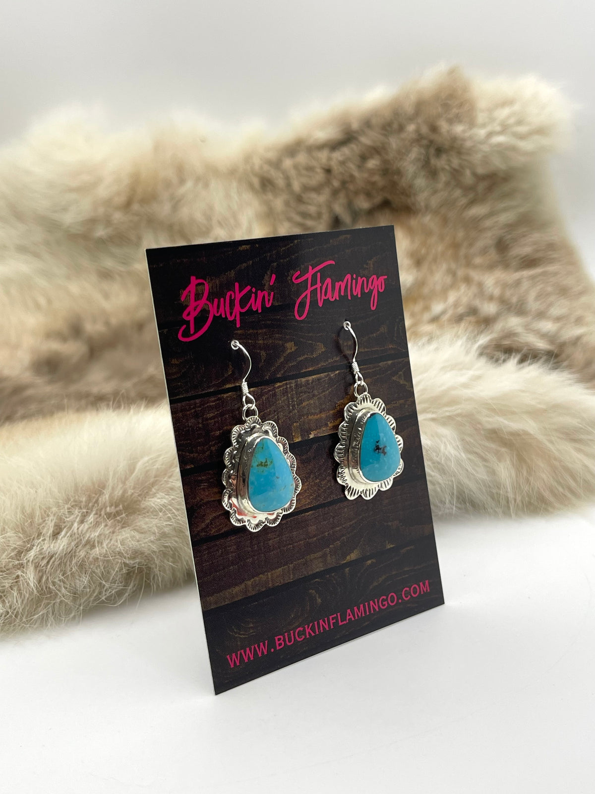 Turquoise Teardrop Earrings with Silver Scallop Border by Annette Martinez, Navajo