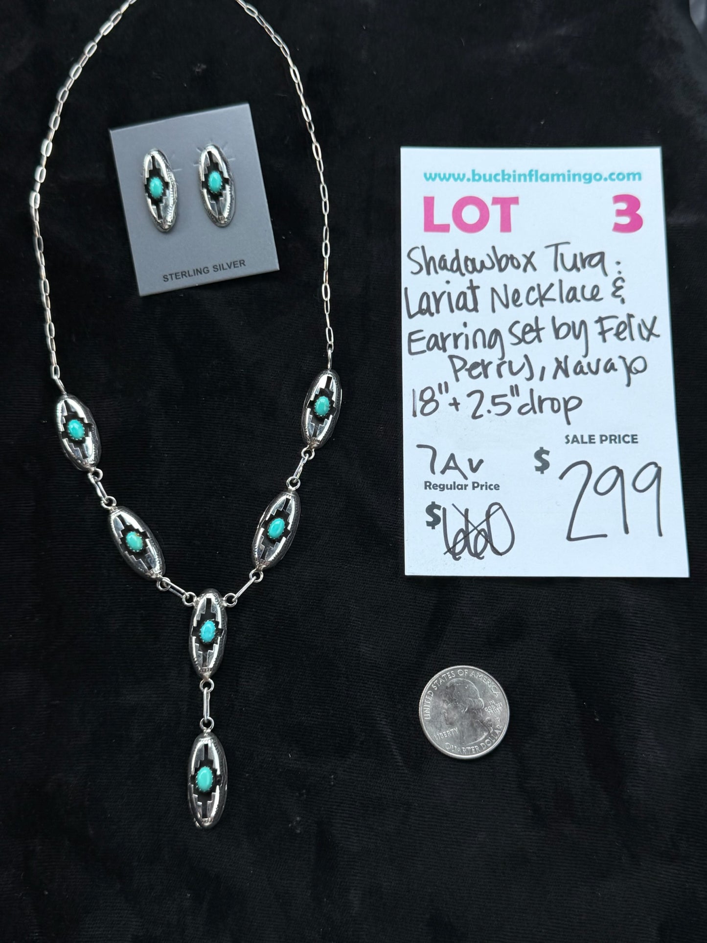 LOT 3 8/9 Shadowbox Turquoise Lariat Necklace & Earring Set by Felix Perry, Navajo "+" drop