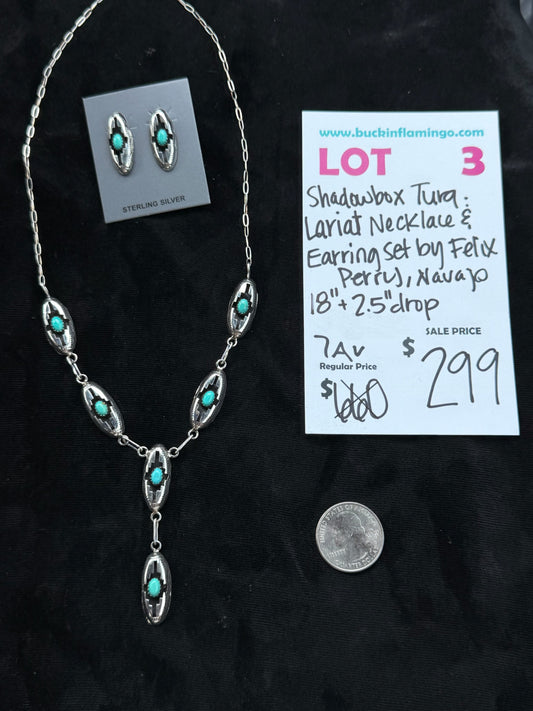 LOT 3 8/9 Shadowbox Turquoise Lariat Necklace & Earring Set by Felix Perry, Navajo "+" drop