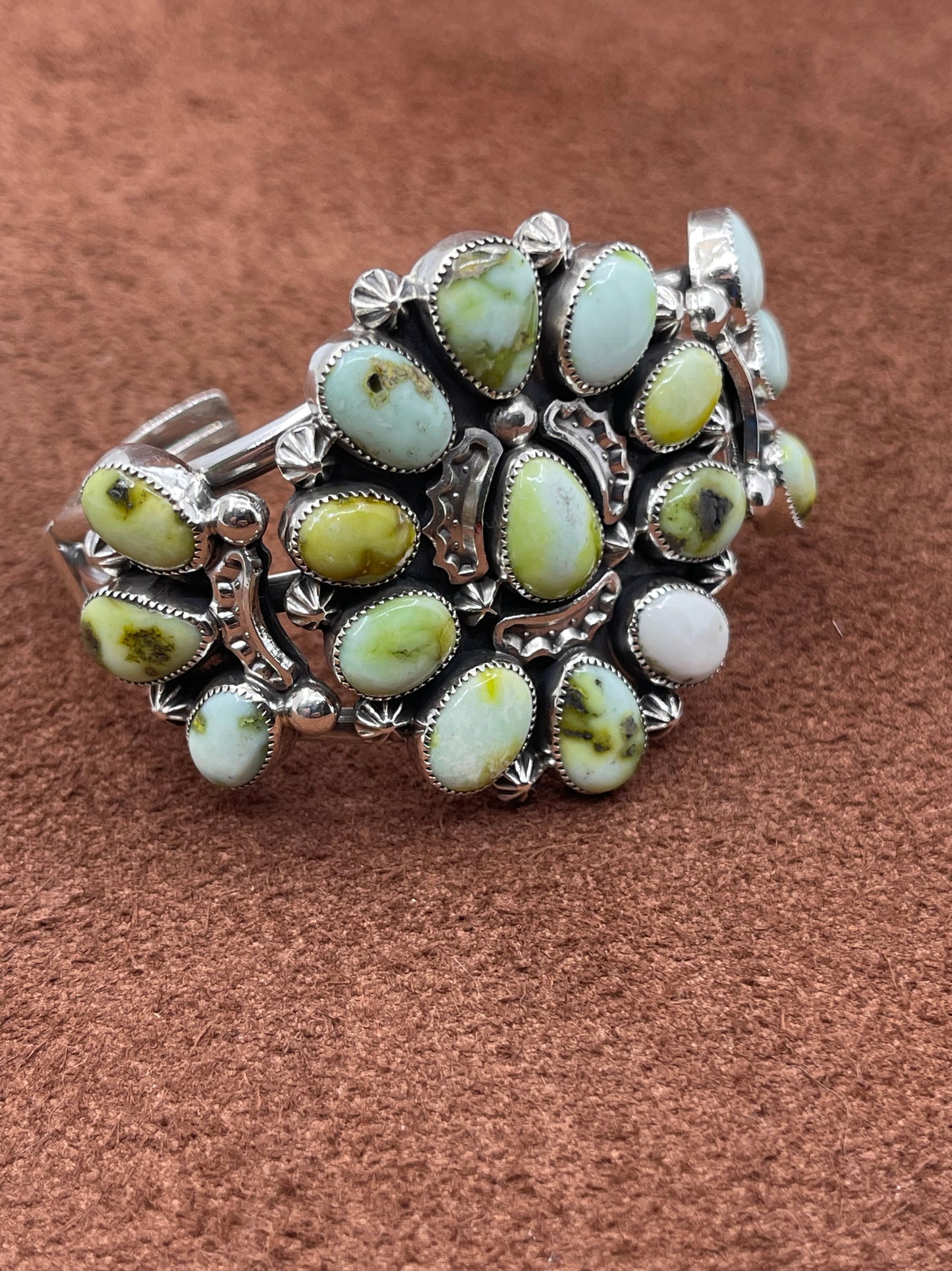 5 3/4"-7 1/4" Palomino Turquoise Cluster Cuff by Larson Lee, Navajo