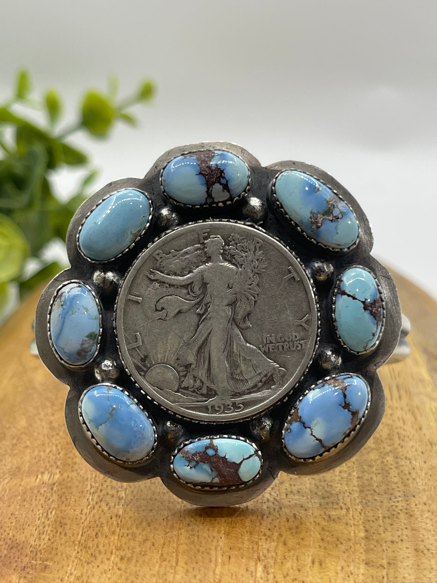 1935 Silver Dollar with Golden Hills Turquoise Cluster Cuff