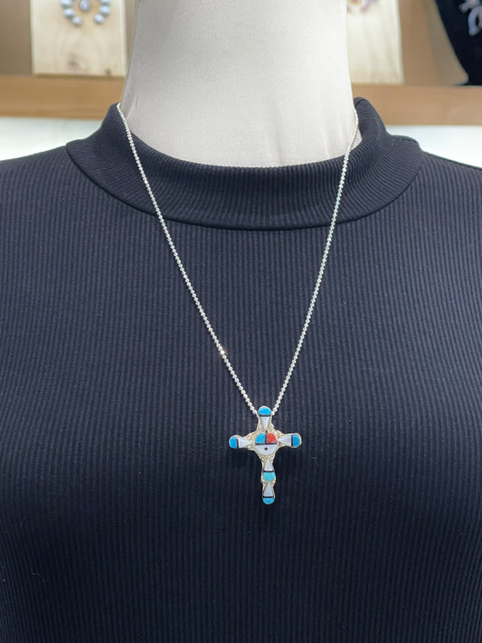 24" Necklace Inlay Sunface Cross Pendant by Clifton Bowannie, Zuni