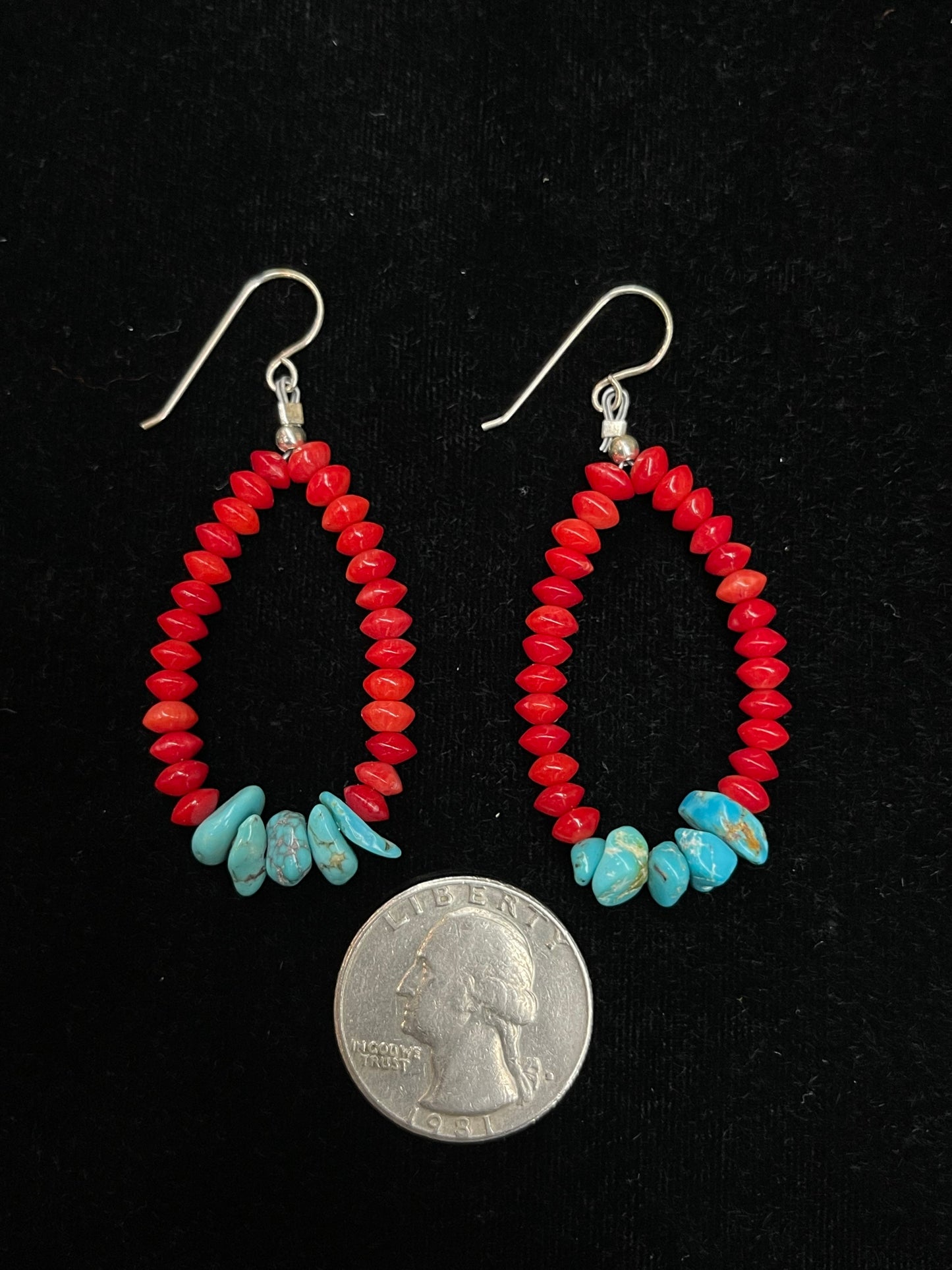 Red Coral and Turquoise Teardrop Dangle Earrings