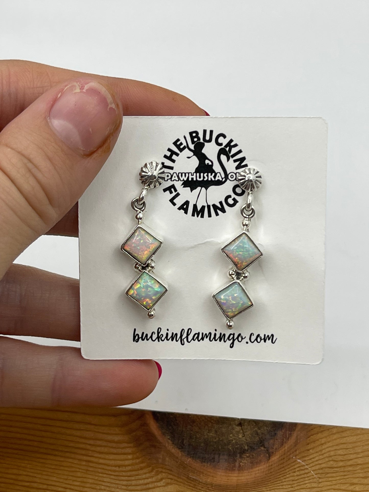 2 Stone White Opal Post Dangle Earrings by Verley Betone, Navajo